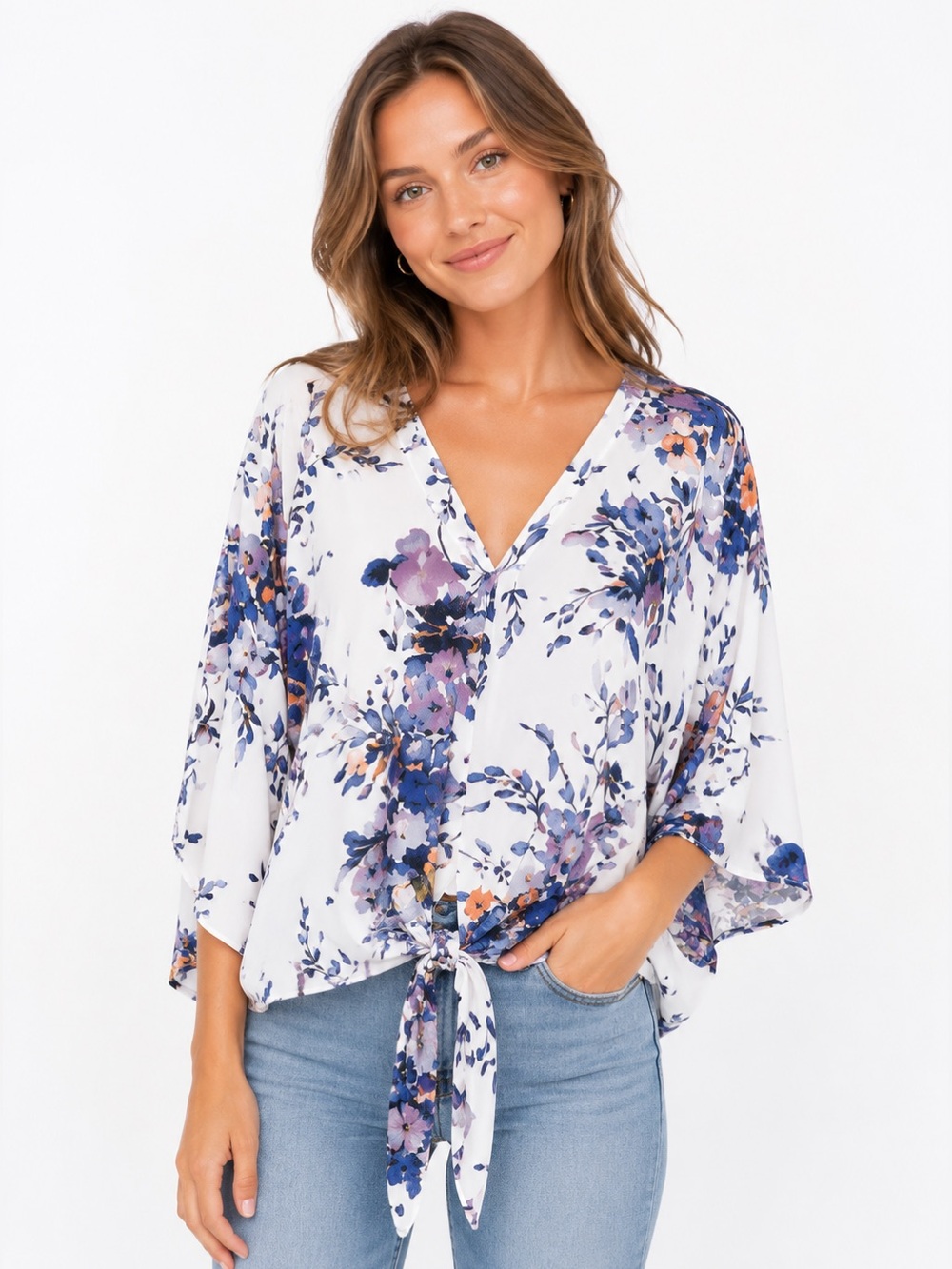 Floral V-Neck Tie-Front Blouse